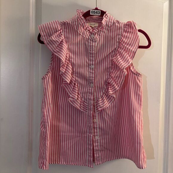 Love J Pink Striped Ruffle Blouse Sz M - Picture 1 of 3